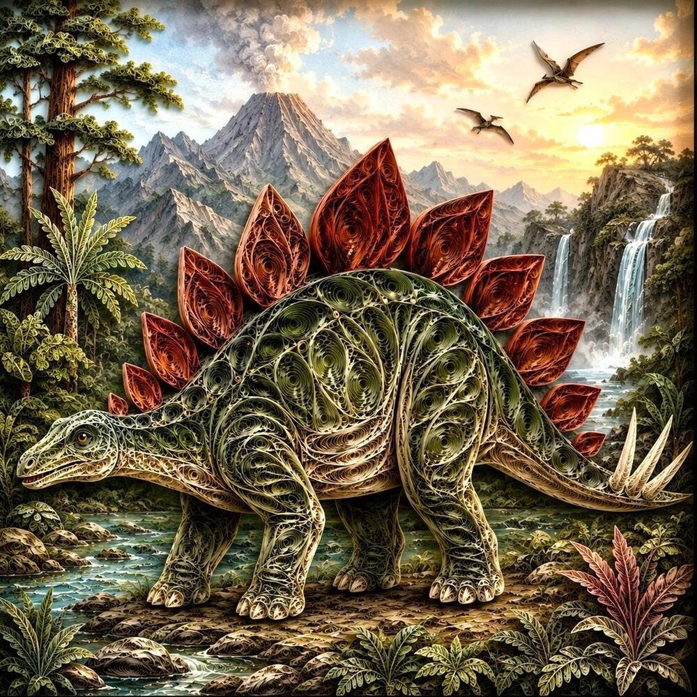 8x8 Framed Quilled Stegosaurus Art Print – Dinosaur Wall Decor